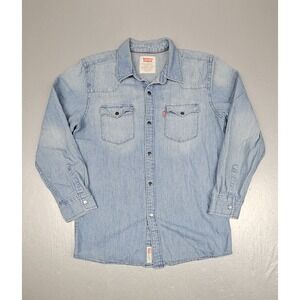 Vintage Levis Pearl Snap Denim Shirt Boys Large Sawtooth Western Long‎ Sleeve